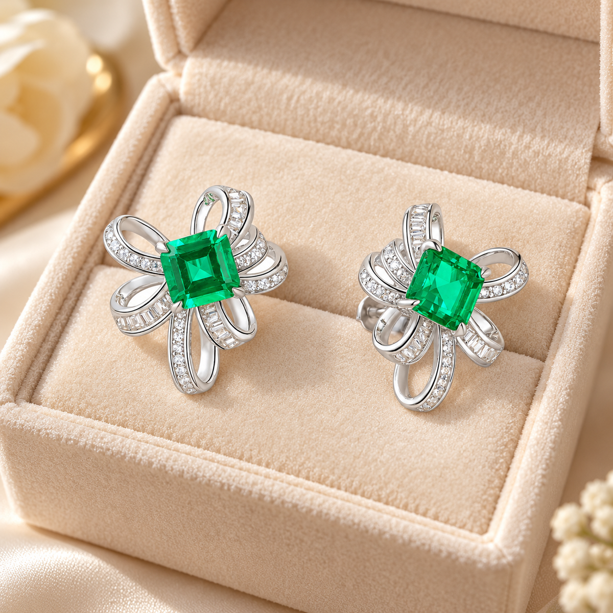 π Popular Pick | Silver Emerald Color Gem Earrings | Bow-shaped Inlaid Zircon Stud Ear Jewelry