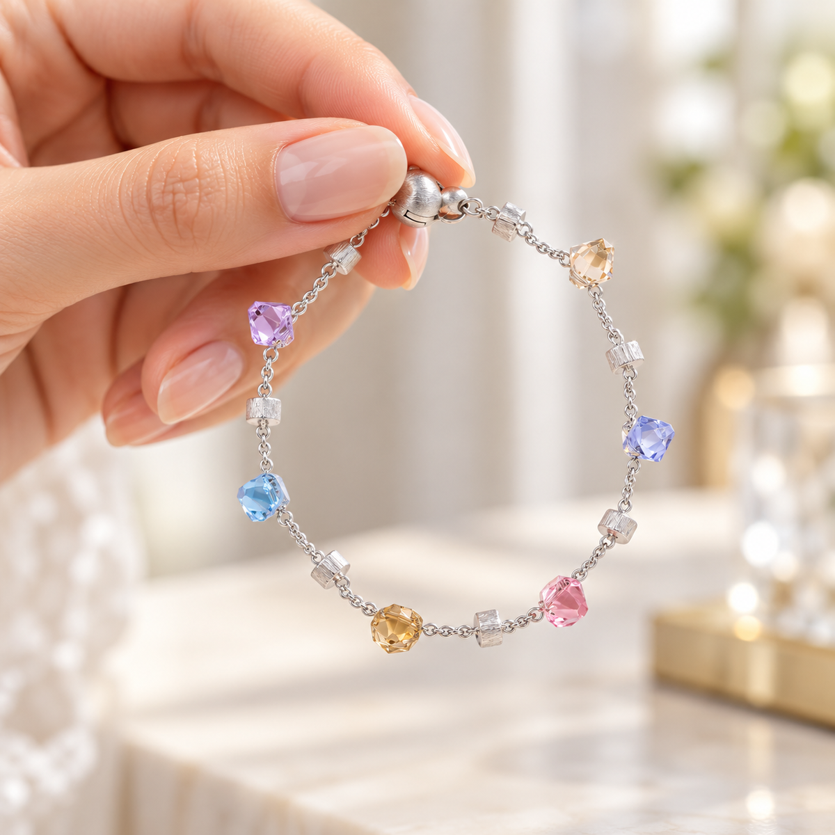 π« Trendy Pick | Silver Multicolor Crystal Bracelet | Playful Vibrant Beaded Wrist Chain