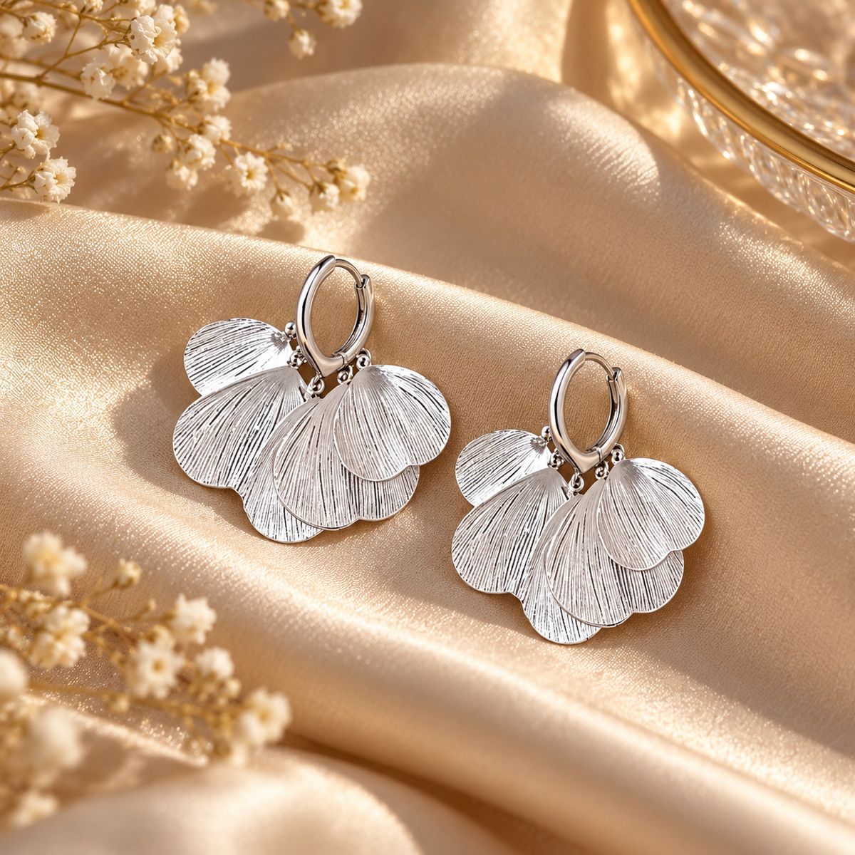 🤍 Top Pick | Silver Brushed Fan Earrings | French Multi-layer Petal Dangle Ear Ornaments