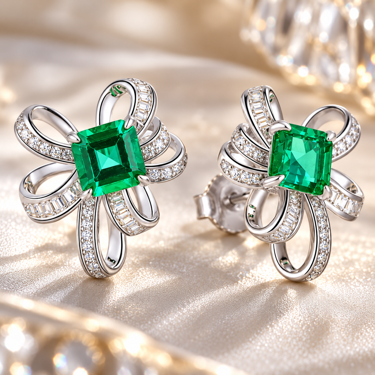 💚 Popular Pick | Silver Emerald Color Gem Earrings | Bow-shaped Inlaid Zircon Stud Ear Jewelry