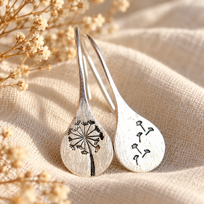 🍃 Hot Pick | Silver Dandelion Engraved Earrings | Ethnic Teardrop Hook Ear Adornments