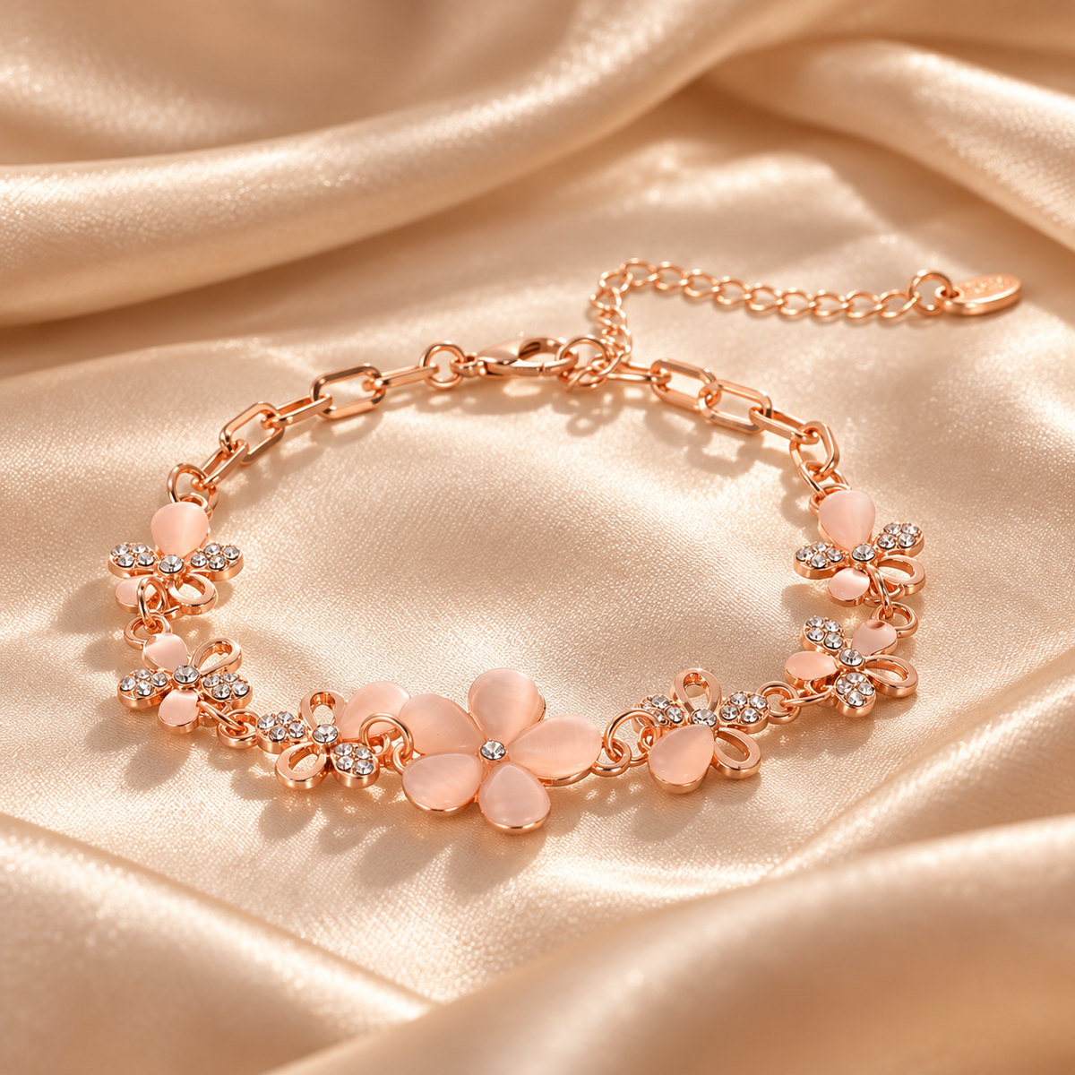 🌸 Lovely Pick | Rose Gold Pink Opal Bracelet | Delicate Floral Rhinestone Wrist Chain