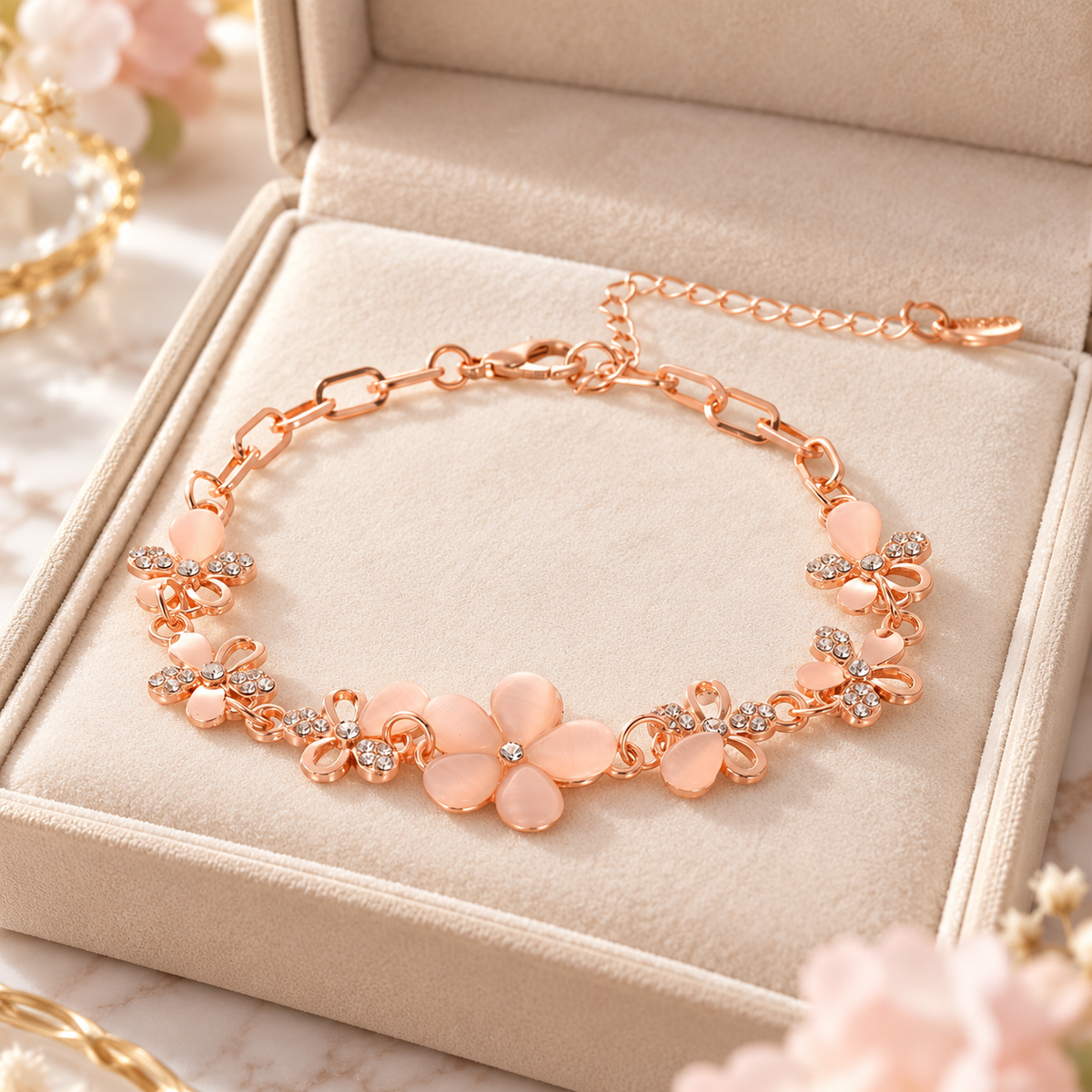 🌸 Lovely Pick | Rose Gold Pink Opal Bracelet | Delicate Floral Rhinestone Wrist Chain