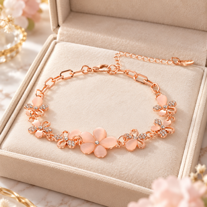 🌸 Lovely Pick | Rose Gold Pink Opal Bracelet | Delicate Floral Rhinestone Wrist Chain