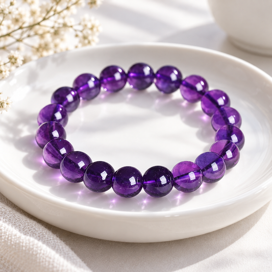 🔮 Coveted Pick | Natural Amethyst Beaded Bracelet | Deep Purple Smooth Round Gemstone Bangle