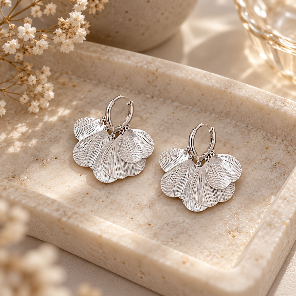 🤍 Top Pick | Silver Brushed Fan Earrings | French Multi-layer Petal Dangle Ear Ornaments