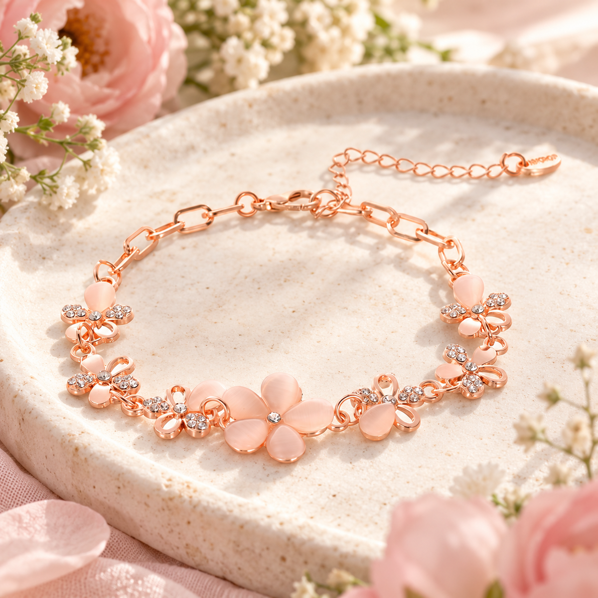 🌸 Lovely Pick | Rose Gold Pink Opal Bracelet | Delicate Floral Rhinestone Wrist Chain