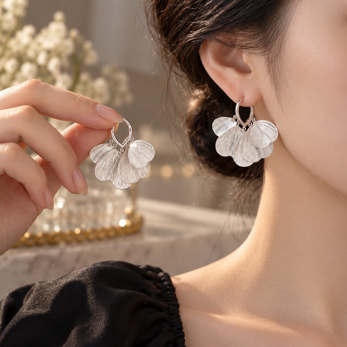 🤍 Top Pick | Silver Brushed Fan Earrings | French Multi-layer Petal Dangle Ear Ornaments