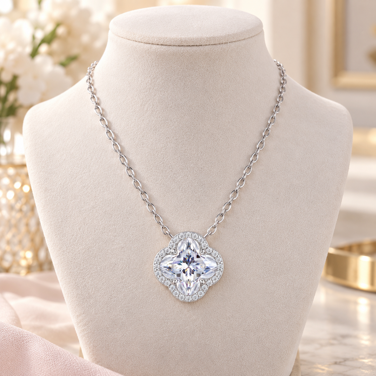 💎 Iconic Pick | Silver Moissanite Clover Necklace | Sparkling Timeless Floral Pendant