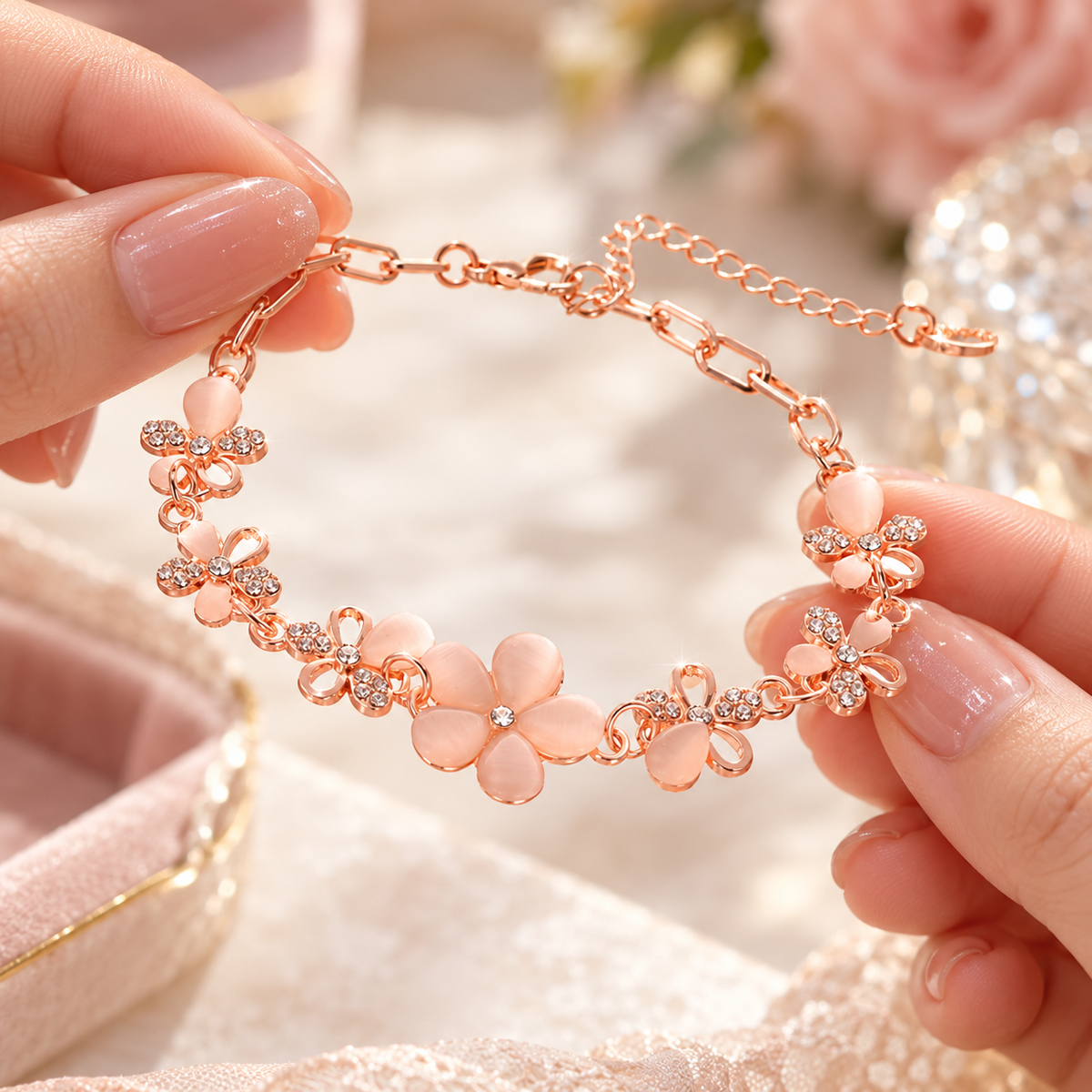 🌸 Lovely Pick | Rose Gold Pink Opal Bracelet | Delicate Floral Rhinestone Wrist Chain