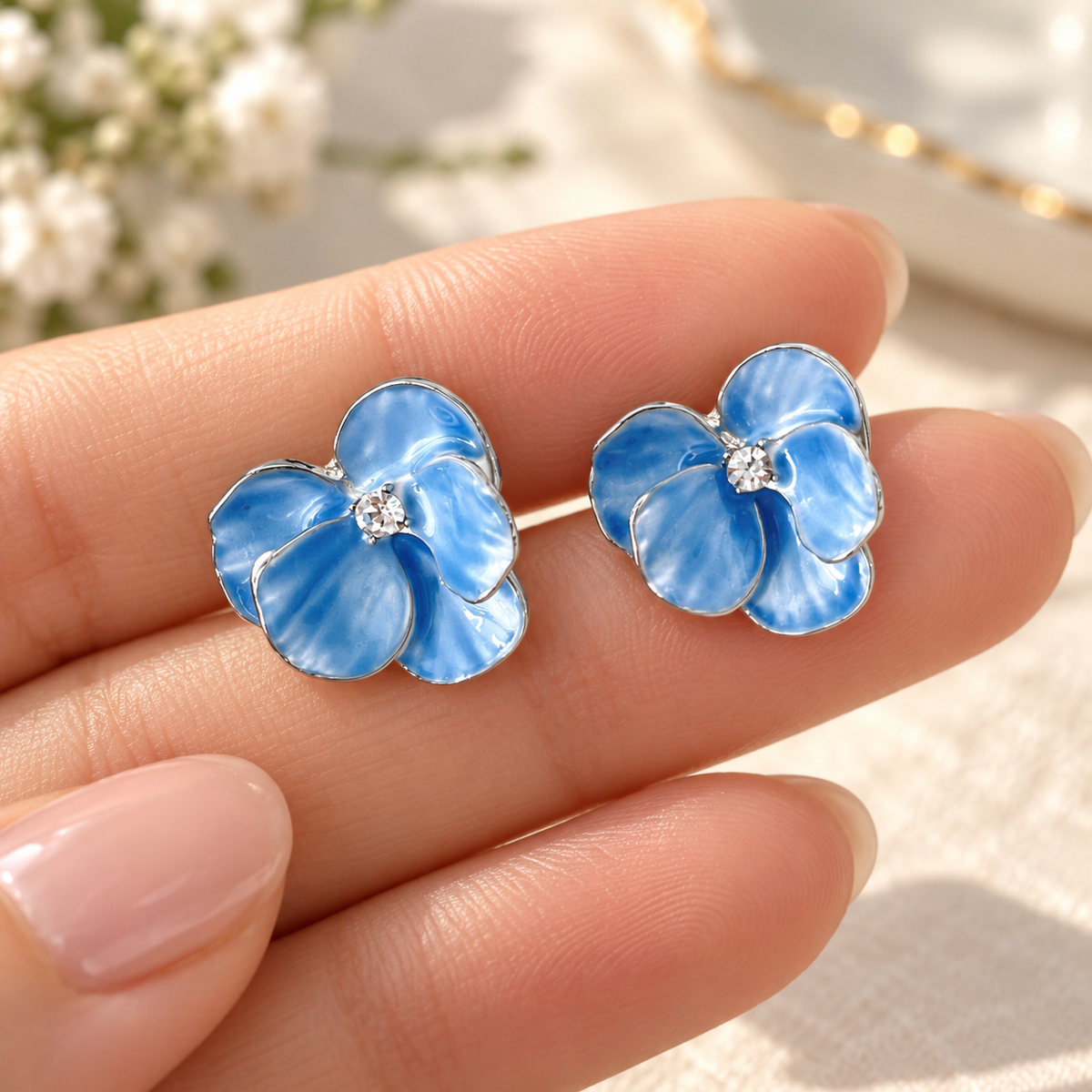 💙 Must-Have | Silver Blue Enamel Floral Earrings | Petal-shaped Rhinestone Stud Earwear