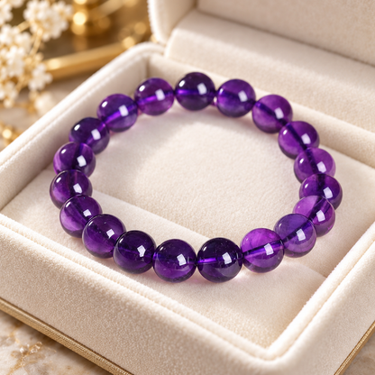 🔮 Coveted Pick | Natural Amethyst Beaded Bracelet | Deep Purple Smooth Round Gemstone Bangle