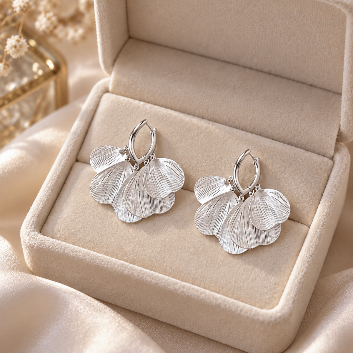 🤍 Top Pick | Silver Brushed Fan Earrings | French Multi-layer Petal Dangle Ear Ornaments