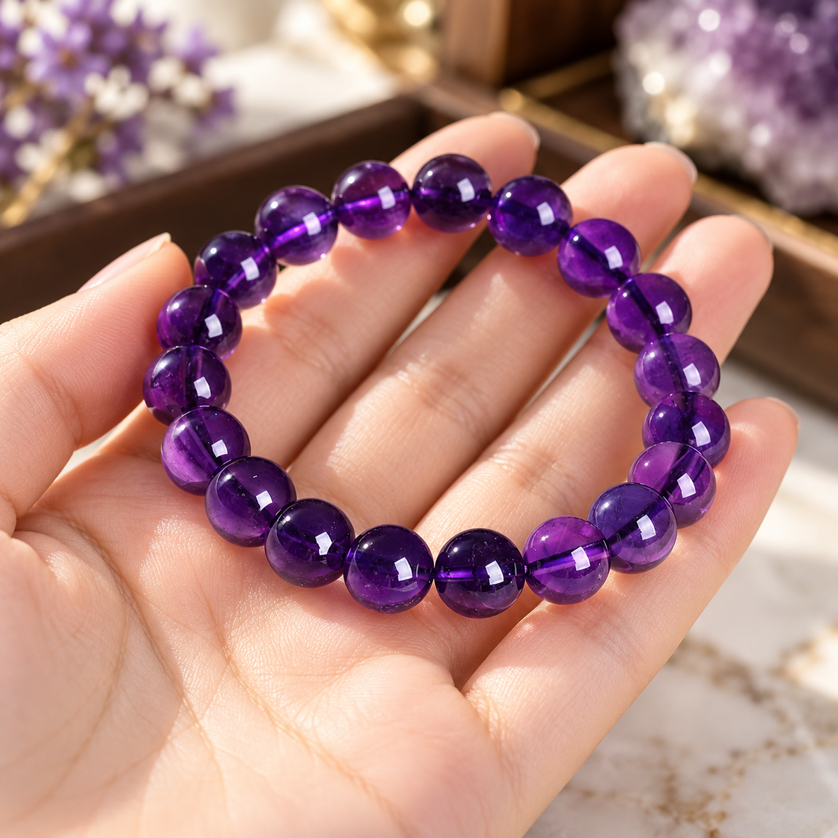 🔮 Coveted Pick | Natural Amethyst Beaded Bracelet | Deep Purple Smooth Round Gemstone Bangle