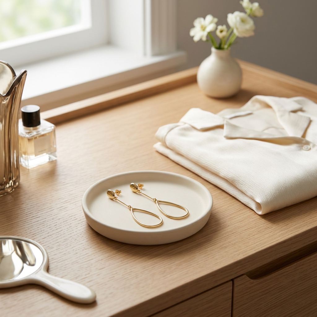 Gold-tone earrings on a dressing table