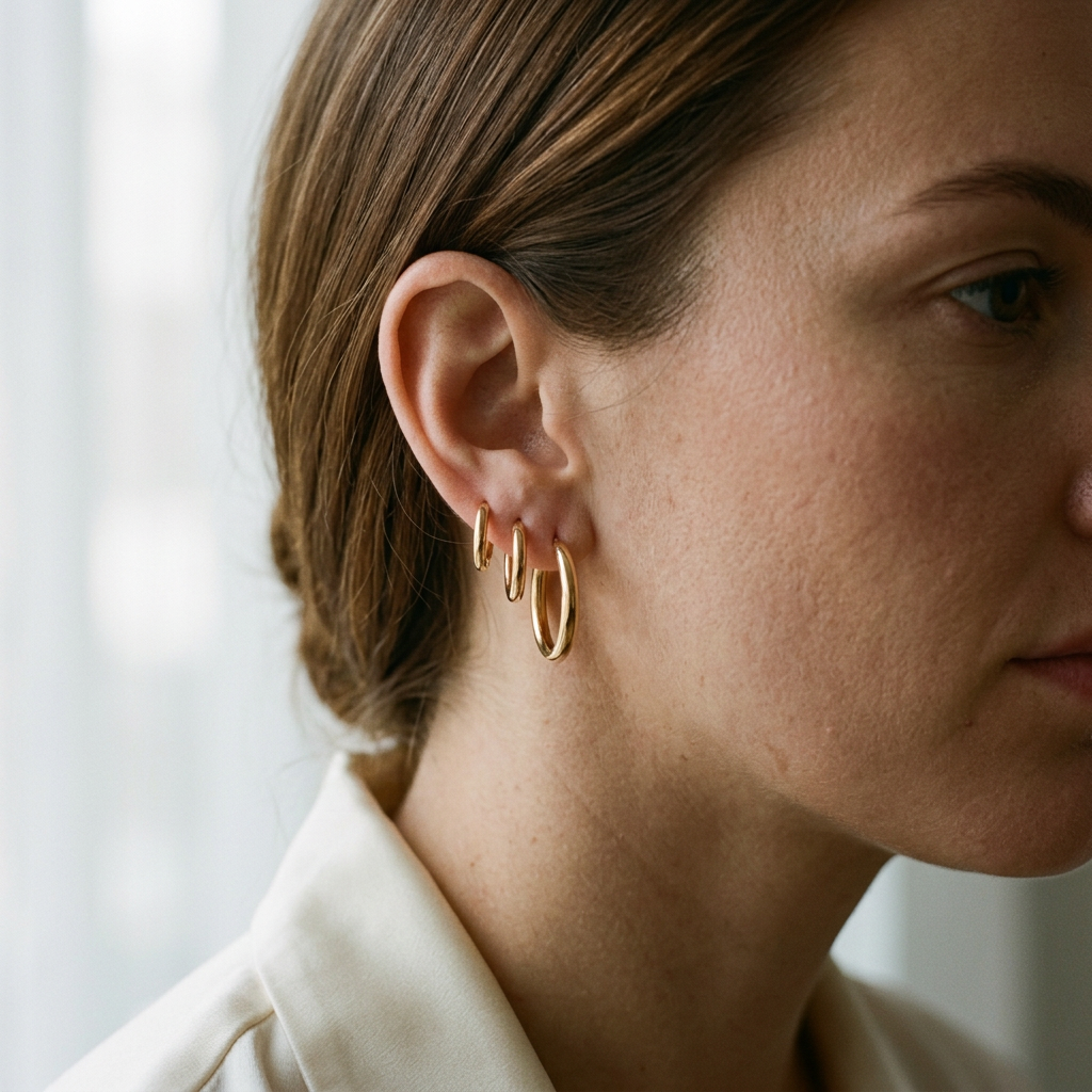 AI-generated adult model wearing stacked hoops