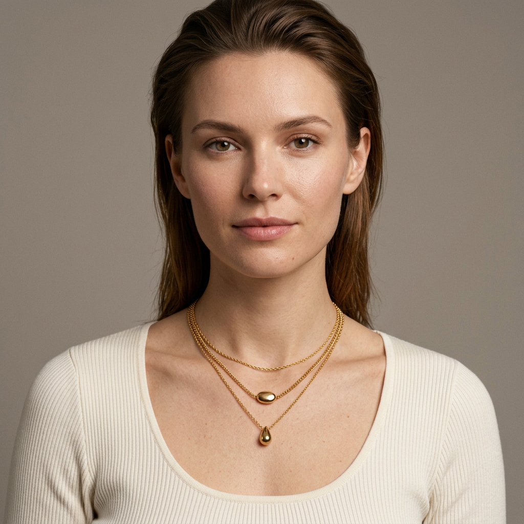 AI natural model portrait wearing layered necklace