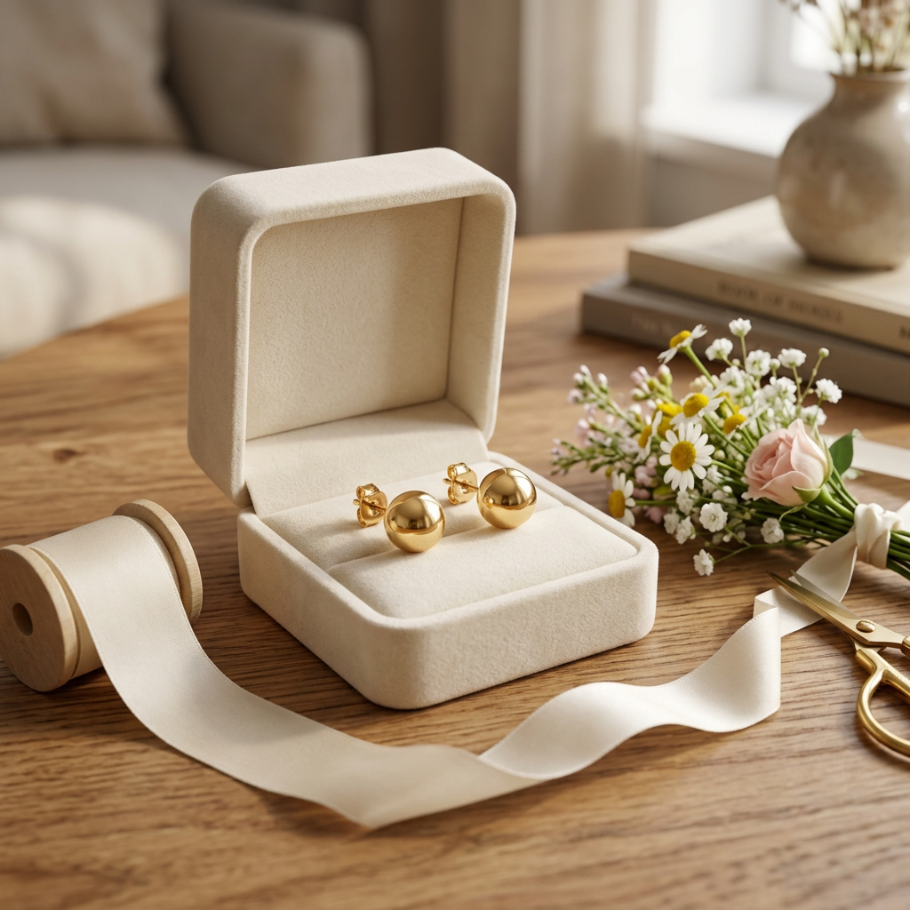 Gold-tone ball stud earrings in a gift styling scene; packaging is a prop