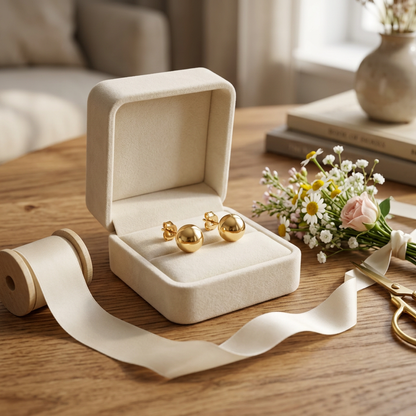 Gold-tone ball stud earrings in a gift styling scene; packaging is a prop
