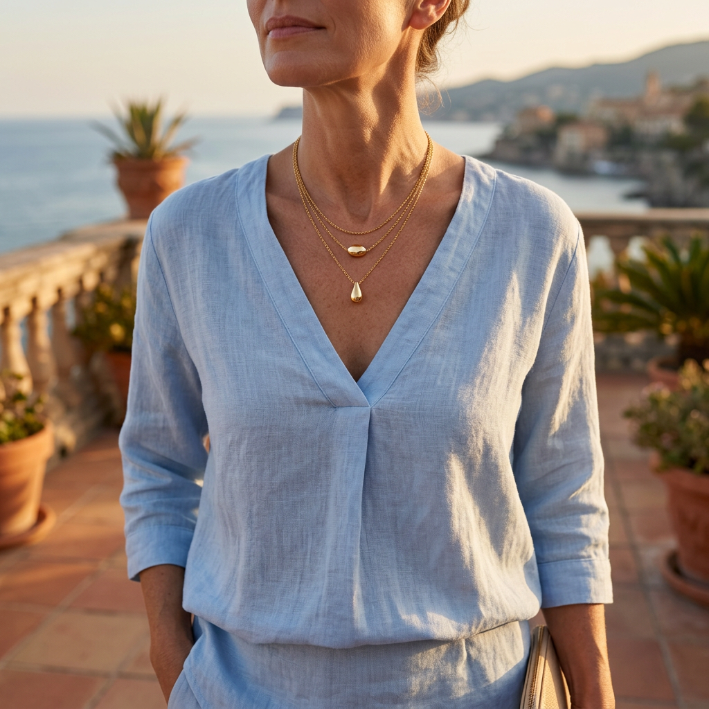 AI coastal styling with blue linen