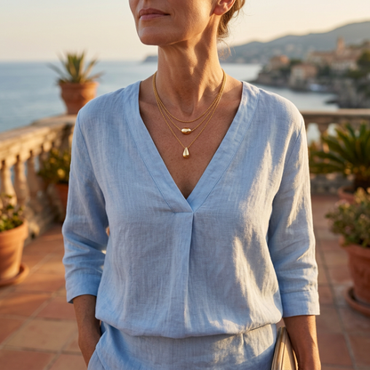 AI coastal styling with blue linen