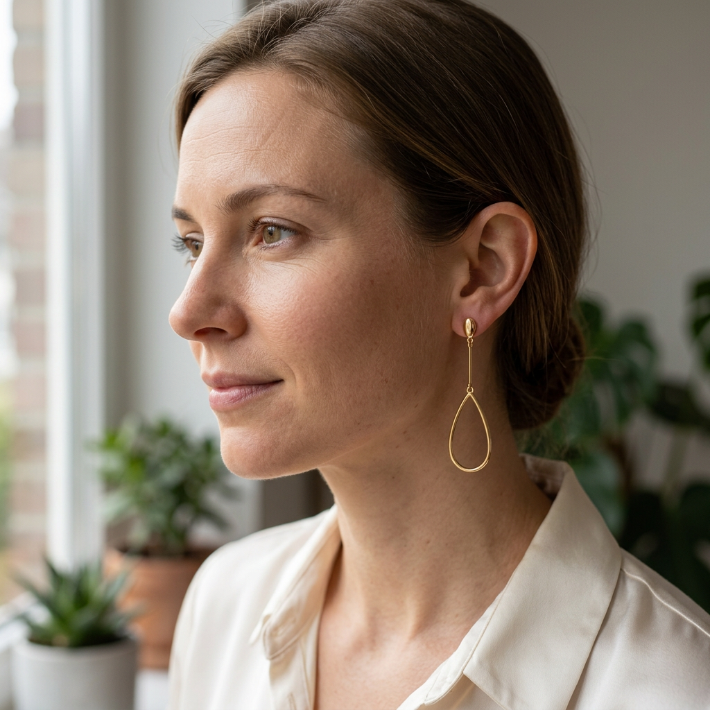 AI-generated adult model wearing gold-tone drop earrings