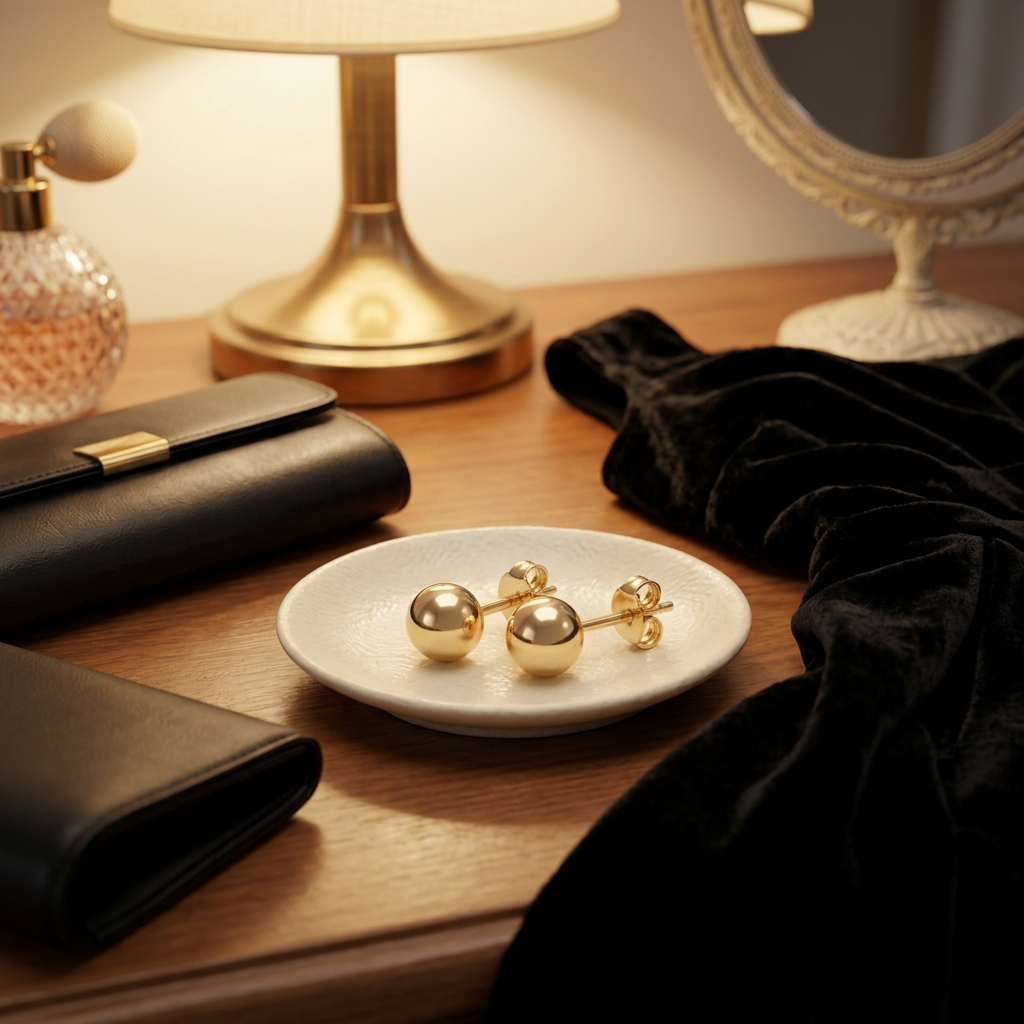 Gold-tone ball stud earrings styled for an evening outfit