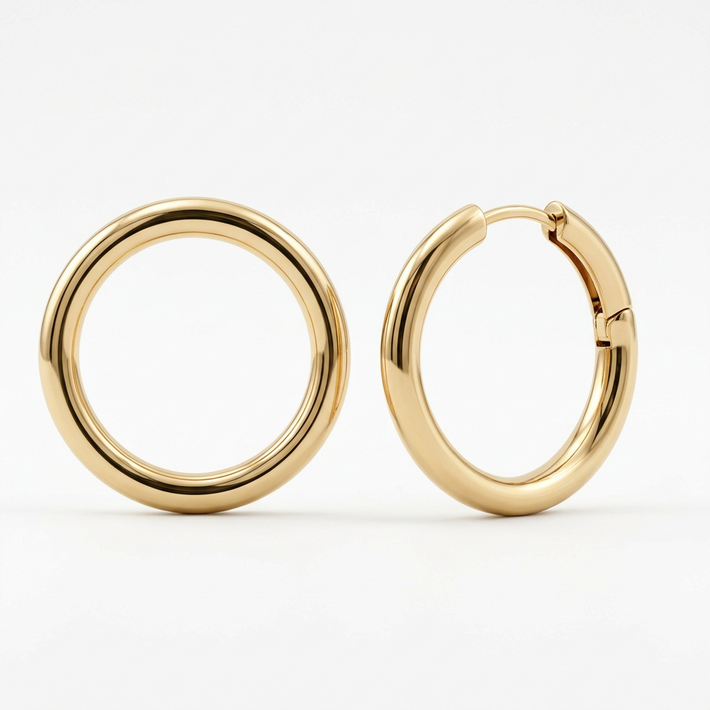 AI concept: gold-tone hoop earrings on white