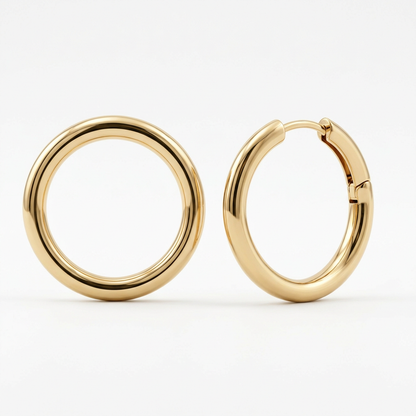 AI concept: gold-tone hoop earrings on white