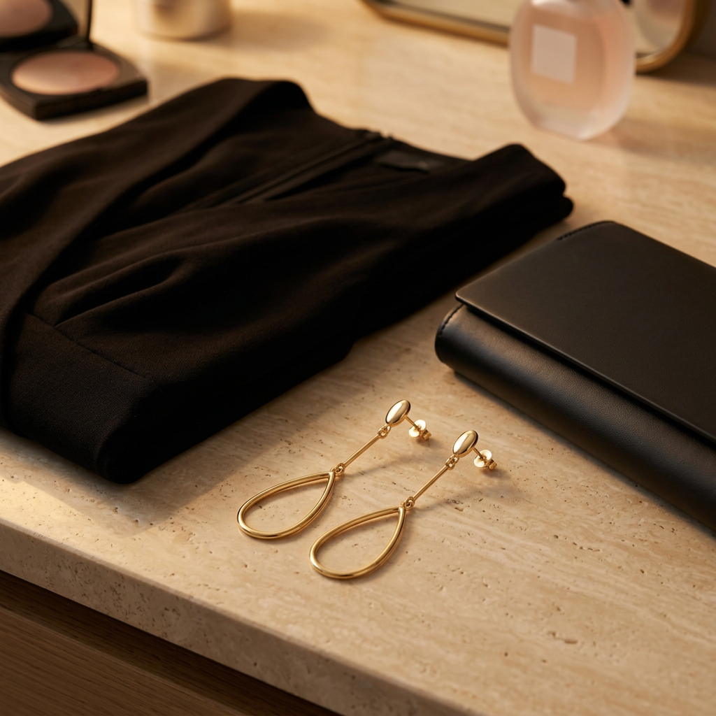 Gold-tone earrings styled for an evening