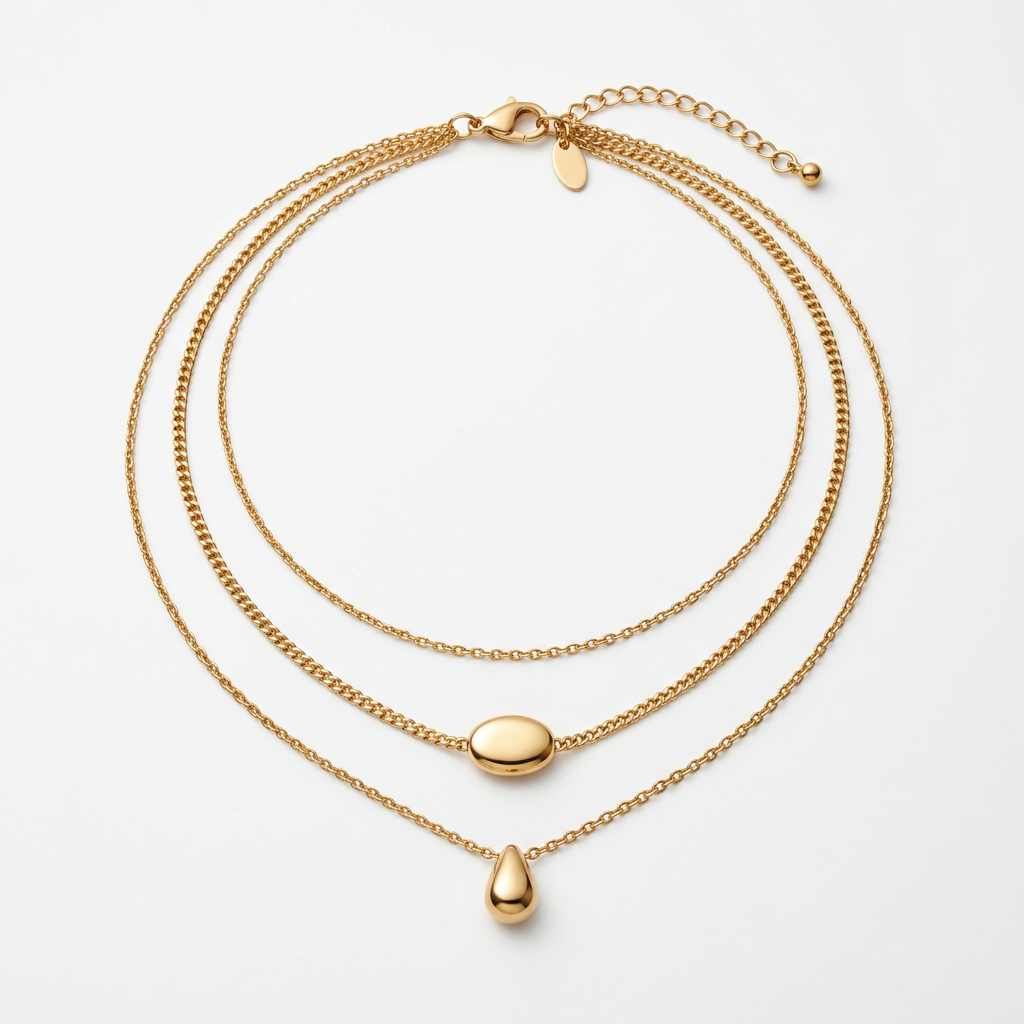 AI concept of three-layer gold-tone necklace on white background