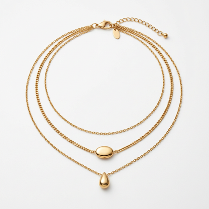 AI concept of three-layer gold-tone necklace on white background