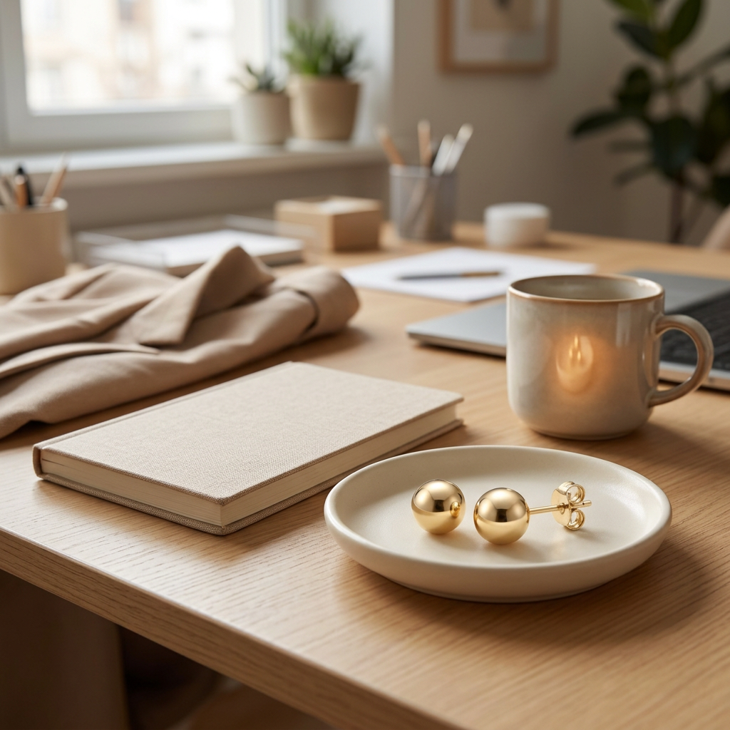 Gold-tone ball stud earrings in a workday styling scene
