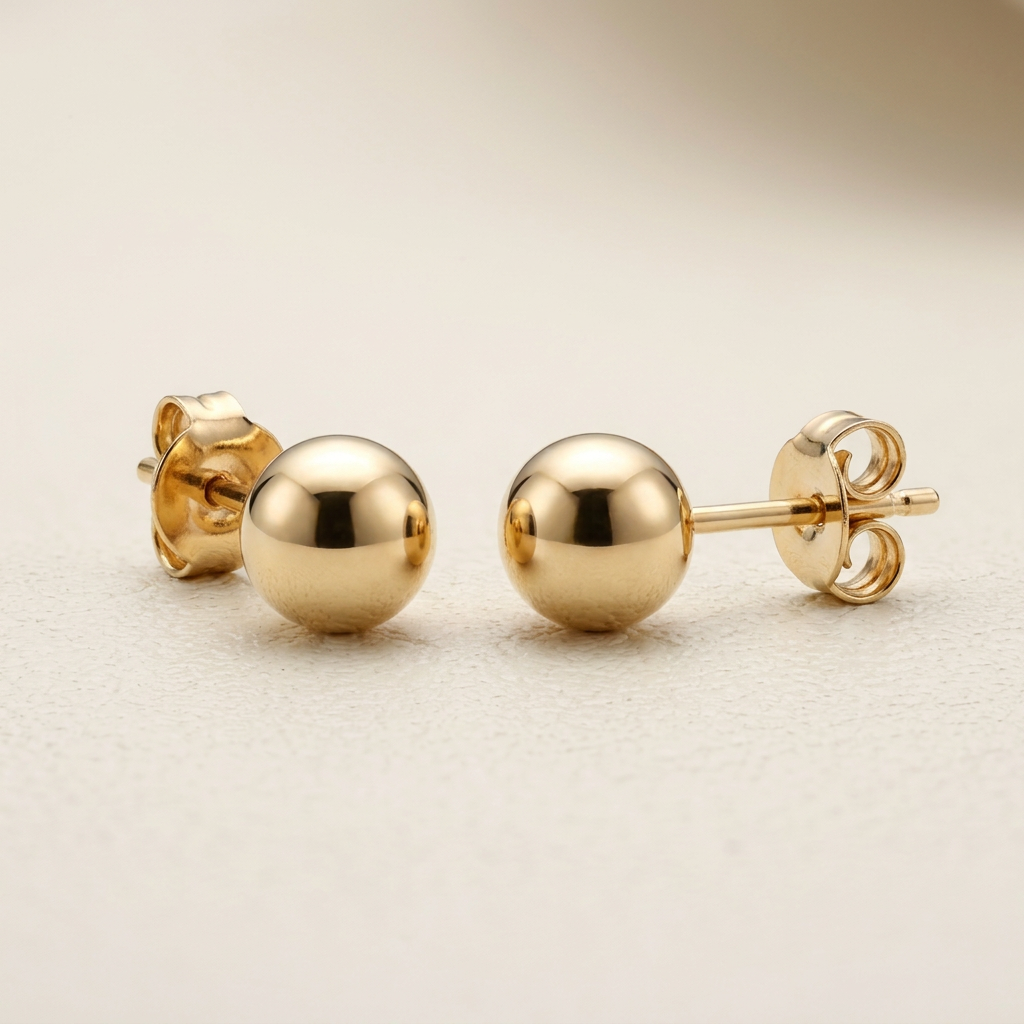 Close-up of gold-tone ball stud earrings and butterfly backs