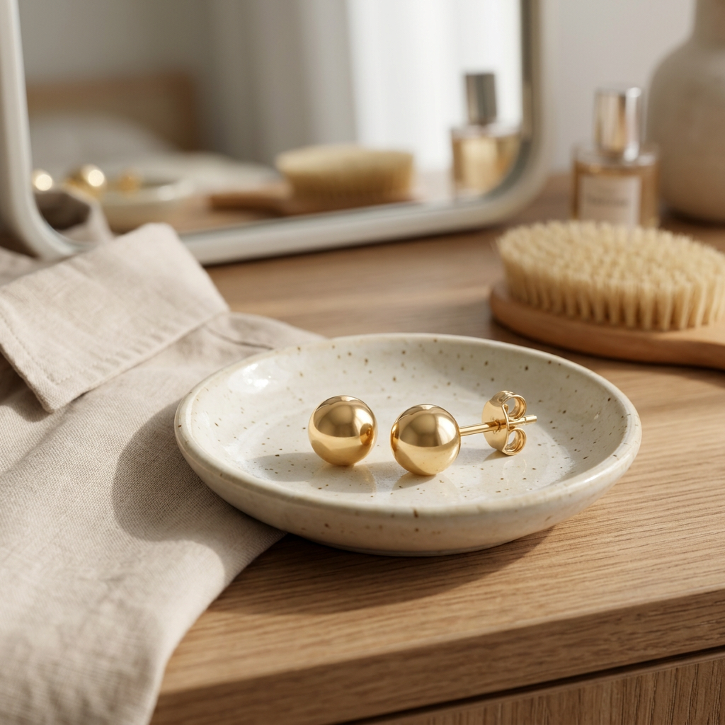 Gold-tone ball stud earrings styled on a morning vanity